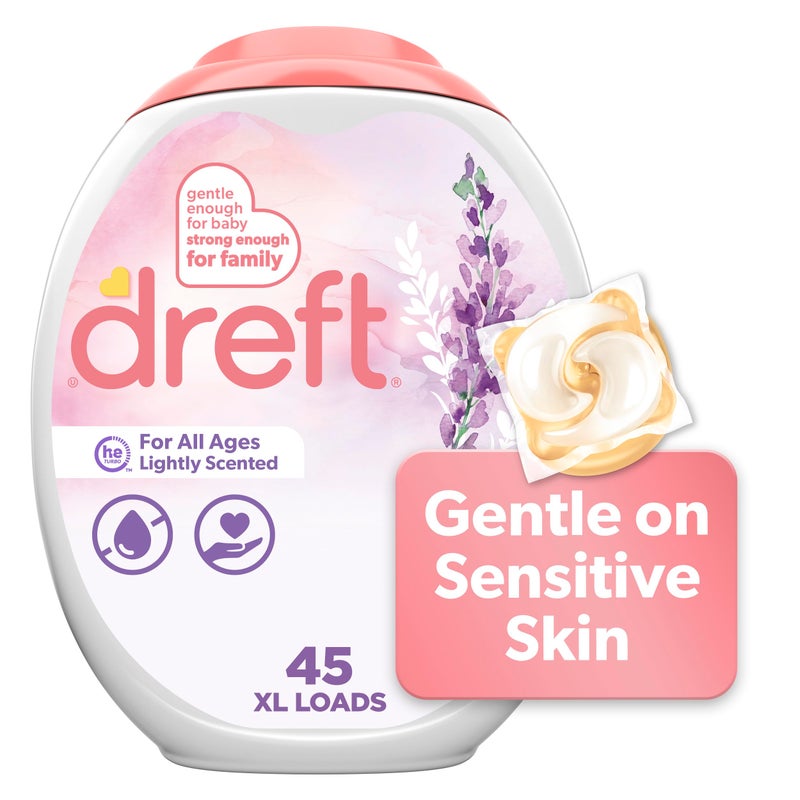 Dreft Laundry Detergent Pacs, Lightly Scented, Lavender, HE Compatible, For Baby and Family, XL Pacs, 45 Count - Image 1